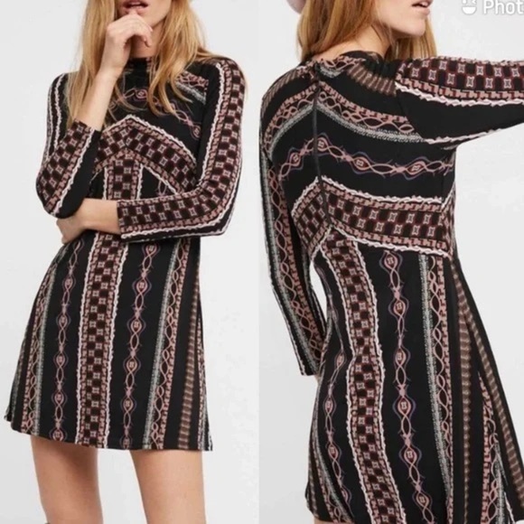 Free People Dresses & Skirts - Free People Black and Pink Geometric Long Sleeve Mini Dress
